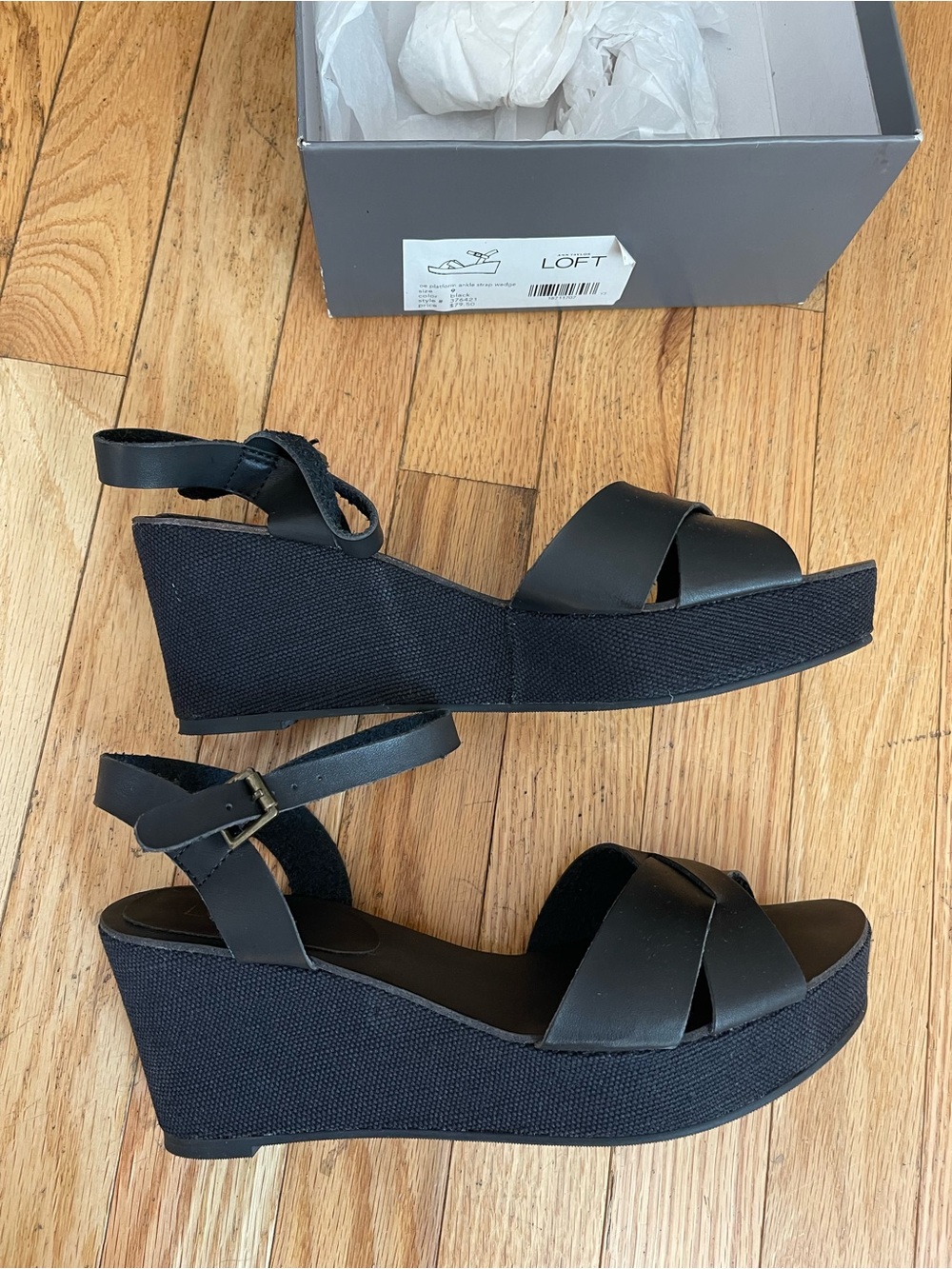 NWT LOFT Black Crisscross Strappy Canvas Wrapped Platform Wedge Sandals